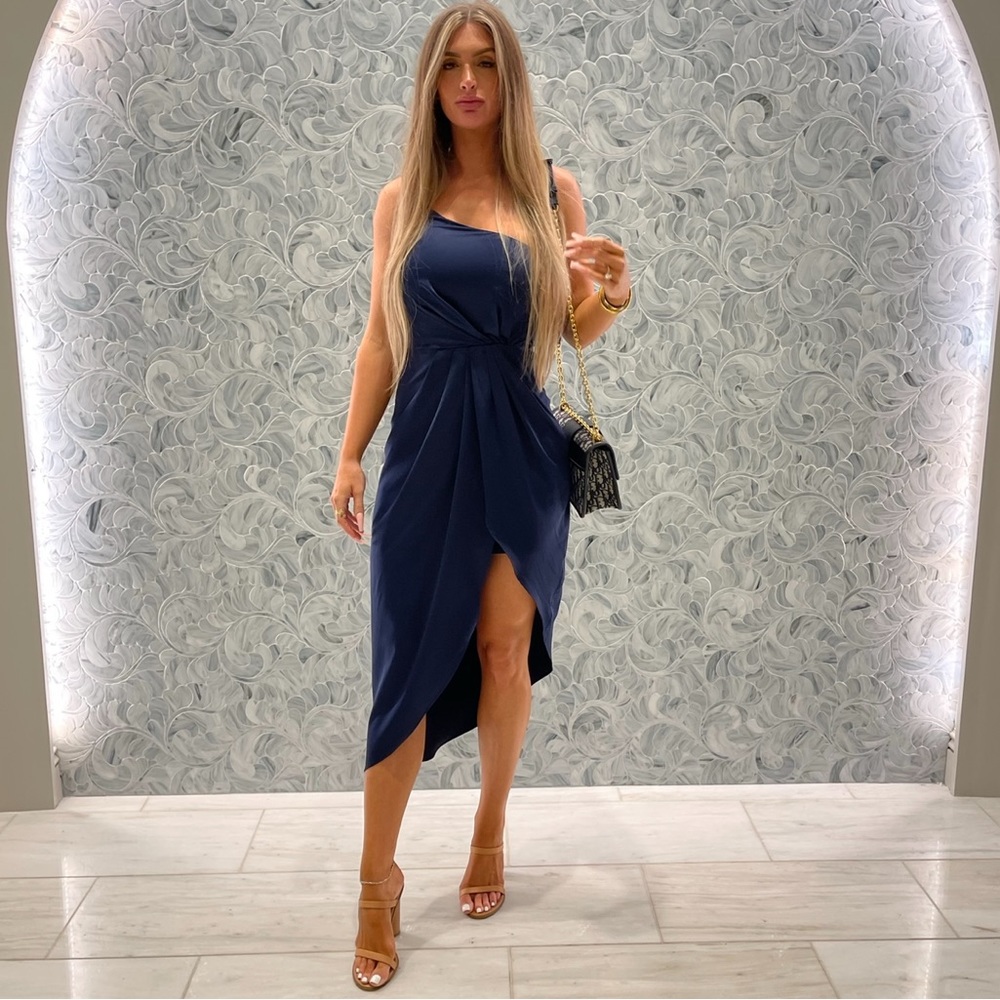 Navy Blue Satin Lulus Asymmetrical Midi Dress Size Small